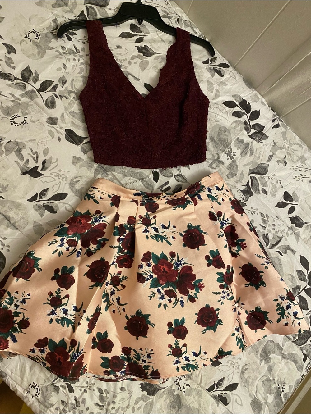Homecoming Dress Two Piece Blush with Burgundy Rose Print